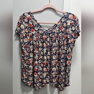 Lucky Brand Floral Print Short Sleeve Top Navy V-Neck Scalloped Hem Size L